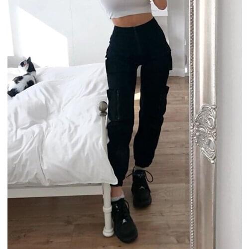 Cargo Pants Women Capris Trousers Korean Ins High Waist Pants Loose Joggers Women Army Harem Camo Pants Streetwear Punk Black