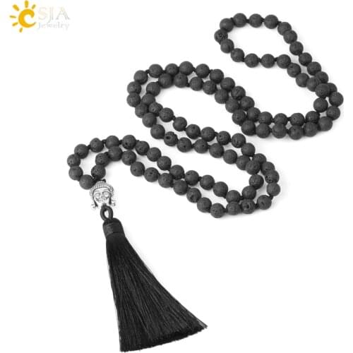 CSJA Natural Black Lava Volcano 108 Mala Beads Silk Tassel Long Necklaces Tibetan Buddha Bohemian Tribal Unisex Jewellery F172