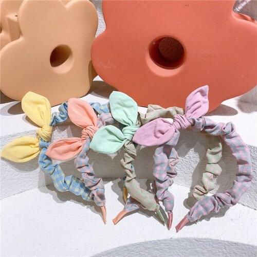 2021 New Korean Fashion Childrens Headwear Sweet Girl Princess Cute Rabbit Ears Plaid Fabric Hairband Hair Accessories