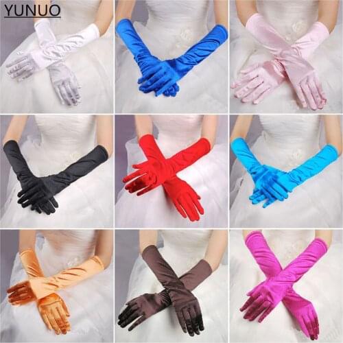 YUNUO Elegant Women Long Satin Wedding Gloves Ladies Stretch Evening Party Prom Opera Gloves Classic Finger Black Mittens