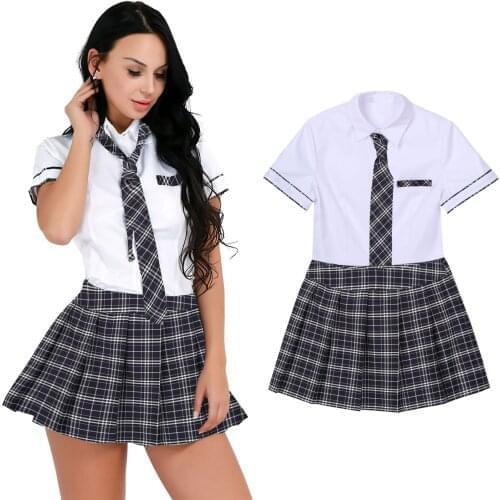 Adults Women School Girls Costume Uniform Cosplay Fancy Dress Up Roleplay Short Sleeve Shirt with Plaid Skirt for Themed Party