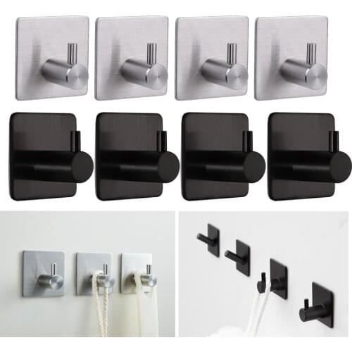4 Pack Heavy Duty Hooks for Hanging Stick on Wall Hangers Square Shape Adhesive Hooks Stainless steel Towel Clothes Bags Holder