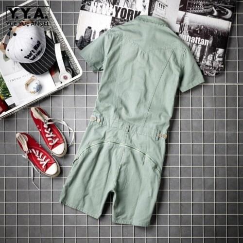 Summer Mens Short Sleeve Jumpsuit Overalls Knee Length Beach Shorts High Street Pockets Hip Hop Zip Hip Bib Cargo Harem Shorts