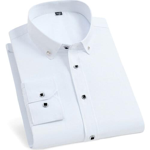 Men French Cufflinks Shirt New Mens Long Sleeve Shirt Casual Male Brand Solid Color White Black Blue Slim Fit Cuff Dress Shirts