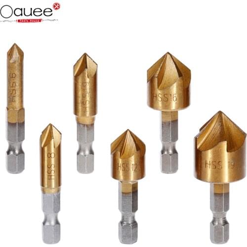 3/6pcs Countersink Drill Bit Set 1/4'' Hex Shank HSS 5 Flute Countersink 90 Degree Wood Chamfering Cutter Chamfer 6mm-19mm