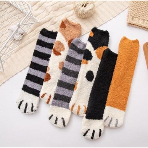 Coral Fleece Floor Female Socks Cartoon Cat Claw Jacquard Weave Thicken Soft Autumn and Winter Japanese women College Terry Sock