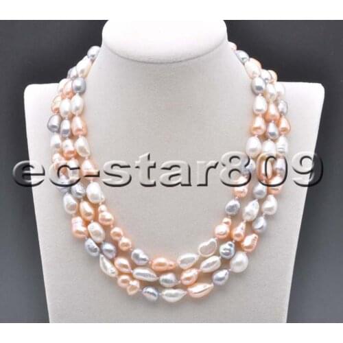 P6234 3Row 18" 28mm Pink Gray White Baroque Freshwater PEARL NECKLACE Women Fashion Jewelry