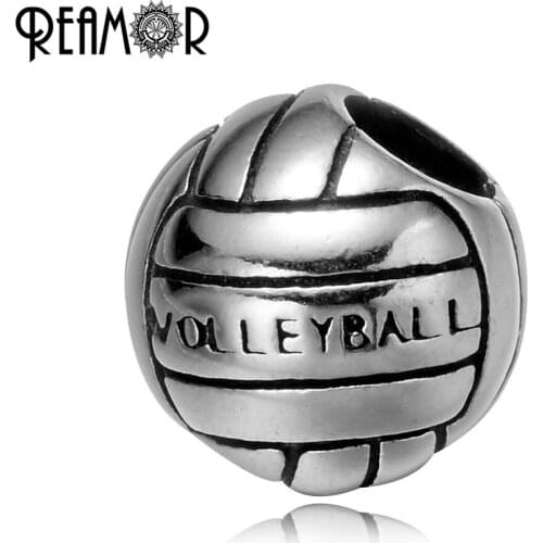 REAMOR Volleyball Sport Beads 316l Stainless Steel European Big Hole Beads Charms Fit Strand Bracelet DIY Jewelry Making