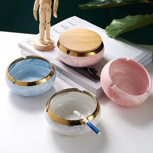 Modern Marble Texture Ceramic Golden Rim Ashtray with Lid Home Anti-fly Ash Office Living Room Coffee Table Decoration Men Gifts