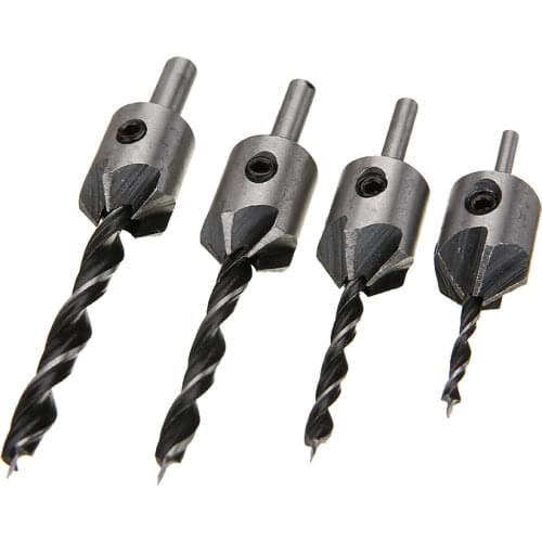 4Pcs/Set HSS 5 Flute Countersink Drill Bit Set 1/4 Hex Shank Screw Woodworking Chamfer Tool 3-6mm