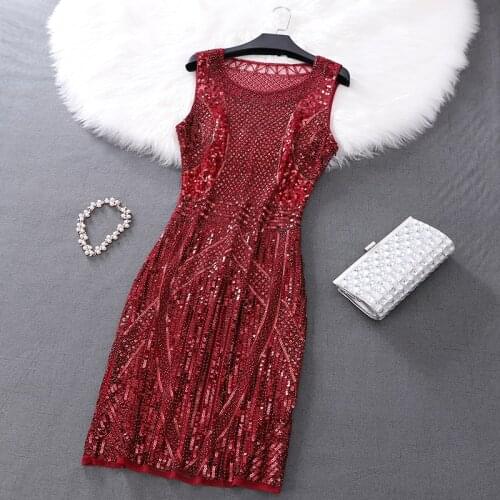Sequined Vintage Gauze Geometric Sleeveless O-Neck Free Size Solid Color Champagne Red Pink Summer Cocktail Dress