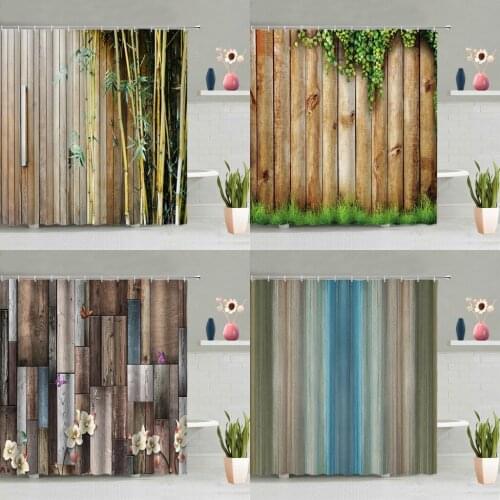 Retro Wooden Board Shower Curtain Green Plants Leaves Bamboo Flowers Bathroom Decoration Hanging Curtains Washable With Hooks