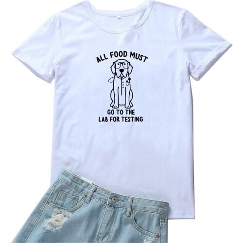All Food Must Do To The Lab for Testing Women T Shirt Cute Dog and Letter Graphic Tshirt Woman Black Red Pattern Women T-shirts