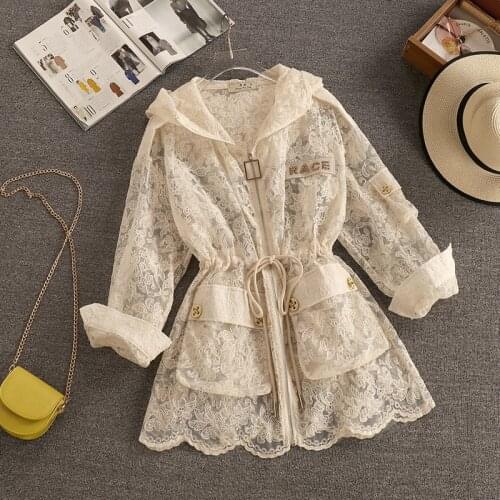 High Quality Lace Sunscreen Jacket Women 2021 Summer New Embroidery Rhinestone Pocket Deco Drawstring Loose Hoodies Coat Outwear