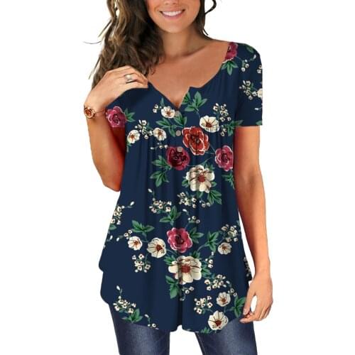 Tee shirt grande taill femme Summer short sleeve buttons up neck flower print t shirt wholesale clothes One piece plus size tops