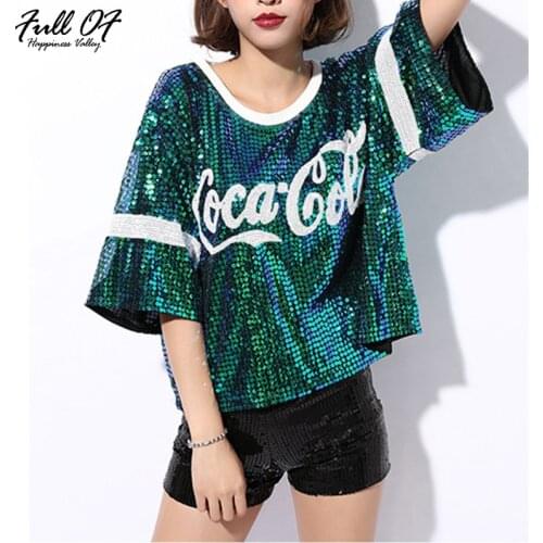Street dance Sequins women Hip Hop O Neck Short Half Flare Sleeve T shirt crop top Summer festival shirt party show befree Top