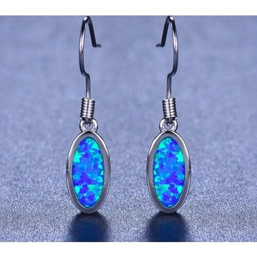 Womens Boho Big Oval Drop Earrings Silver Color Inlaid Blue Imitation Opal Earrings Wedding Long Earring Jewelry