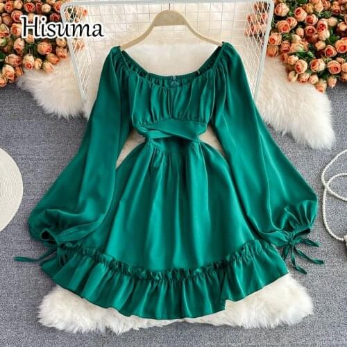 2021 autumn new womens o-neck lantern sleeve ruffles chiffon party dress female Chic elegant waist A-line dresses