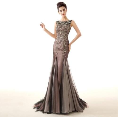 Real Pictures Elegant Satin Mermaid Long Beaded Evening Dresses Vestido De Festa Sleeveless Robe de soirée Sexy Prom Gowns