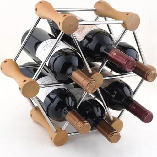 1PC Hexagon kitchen shelf 304 stainless steel wine holder with wood frame wooden wine rack wine display for 6 bottles J3007