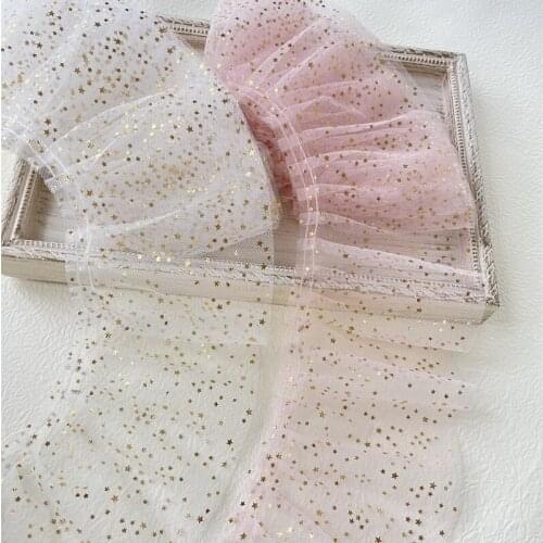 3Meter/lot 12cm wide White/Pink Mesh Pleated Lace Trim with Hot Star Bronzing Clothes Decoration X1070