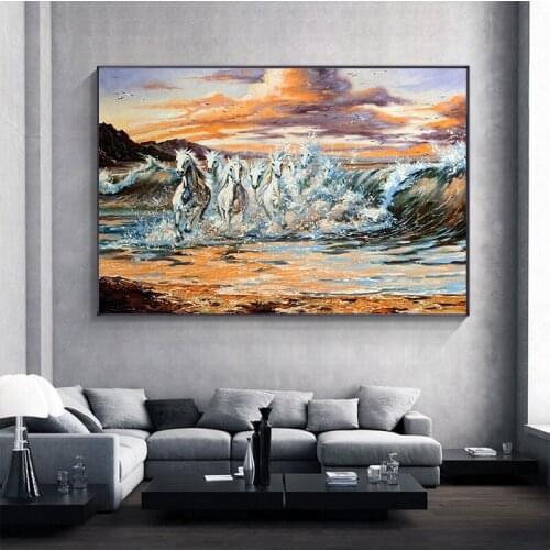 Abstract Oil Painting Print on Canvas Horse Running From the Waves Animal Posters Prints Horses Group Wall Art for Living Room
