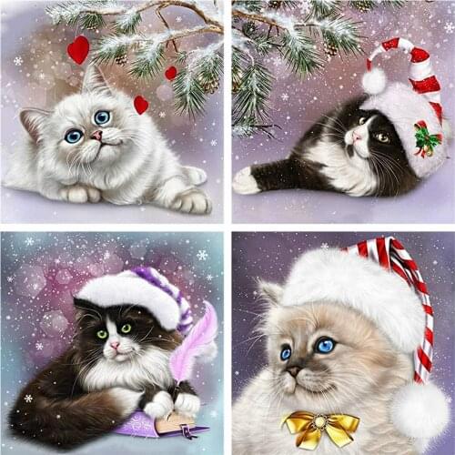 HUACAN 5d Diamond Painting Cat Needlework DIY Diamond Embroidery Christmas Hat Mosaic Cross Stitch Animal Home Decor