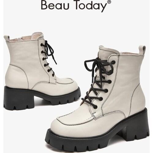 BeauToday Platform Boots Women Cow Leather Ankle Booties Round Toe Side Zipper Lace Up Ladies High Heel Shoes Handmade 04436