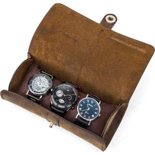 Cow Leather 3 Slot Watch Box Handmade Watch Roll Travel Case Wristwatch Pouch Exquisite Retro Slid in Out Organizer