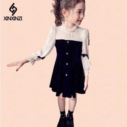 Navy Blue Party Dress For Girls Autumn Bowknot Long Sleeve Kids Clothing Classic Kids Dresses for Girls 4 5 7 9 11 13 Years Old