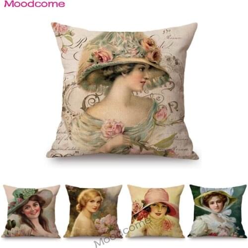 European Royal Court Victorian Era Lady Hat With Flower Elegant Sofa Throw Pillow Cover Classic Vintage Linen Decor Cushion Case