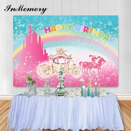 Inmemory Bokeh Glitter Rainbow Pink Castle Carriage Backdrop For Photography Girls Newborn Baby Shower Birthday Party Background