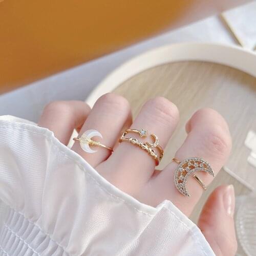 Ins Hot Sale 14K Real Gold Engagement Luxury Shell Moon Rings for Women Luxury Zircon CZ Adjustable Star Wedding Rings
