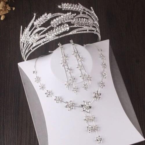 Luxury Crystal Leaf Bridal Jewelry Sets Rhinestone Tiara Wedding Crown Earrings Necklace Costume African Beads Dubai Jewelry Set