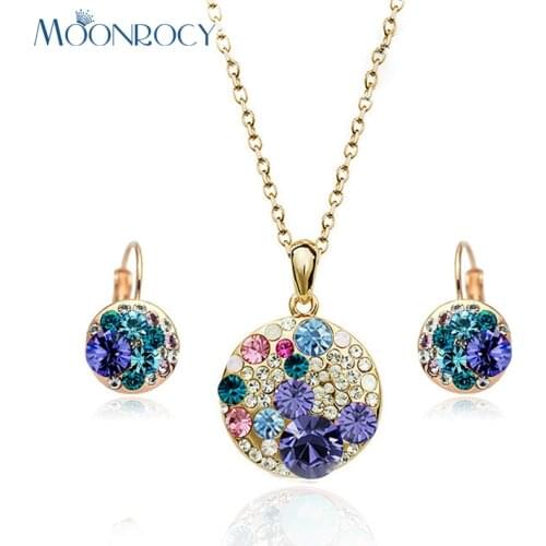 MOONROCY Free Shipping fashion crystal necklace and earrings Jewelry set rose Color Purple Jewelry for women Gift