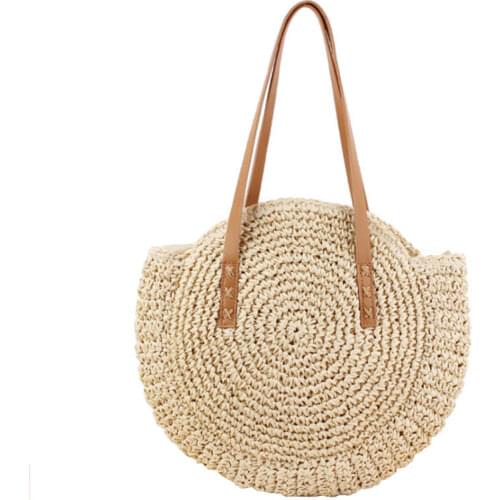 Round Straw Beach Bag Vintage Handmade Woven Shoulder Bag Raffia Circle Rattan Bags Bohemian Summer Vacation Casual Bags