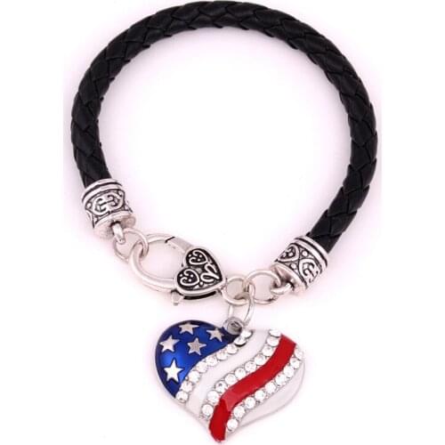 Best Sale Unisex Leather Bracelet Patriot Pattern Heart Shape Beautiful Enamel Sparkling Crystals Zinc Alloy Dropshipping