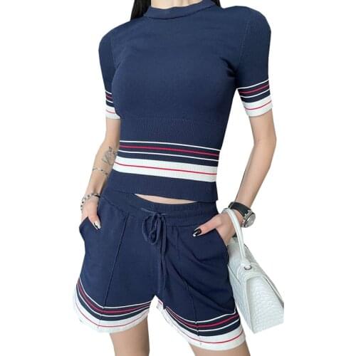 LJSXLS Korean Fashion Suit Elegant Woman Summer Slim Tops Sexy Knitted T Shrit + Casual High Waist Women Shorts Two Piece Set