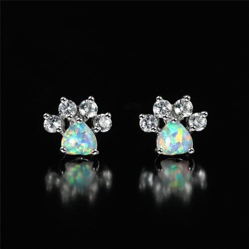 Cute Cat Paw Dog Claw White Fire Opal Heart Stone Stud Earrings For Women Vintage Fashion Animal Footprint Silver Color Earrings