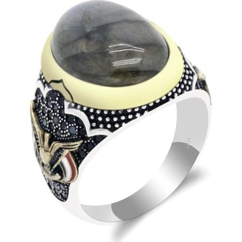 925 Sterling Silver Men Ring Oval Natural Moonstone Stone High Quality Punk Style Jewelry Finger Ring Eagle Fashion Size8-13