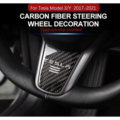 New Carbon Fiber Steering Wheel Cover For Tesla Model 3 Y Car Accessories Interior Decoration Protector Patch Three Car Stickers