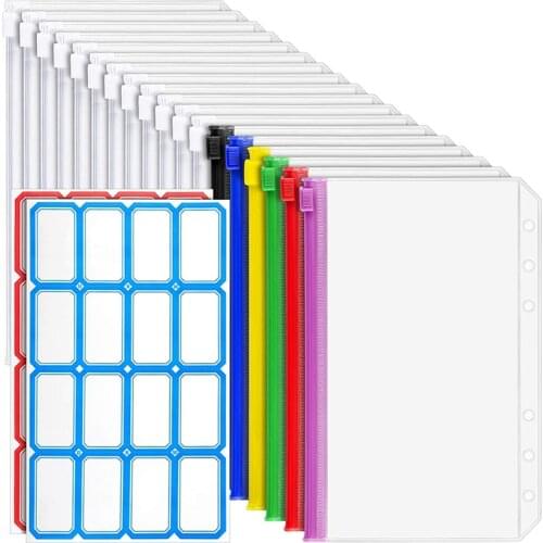 PPYY-18 PCS A6 Binder Pockets 6-Ring A6 Zipper Pouch for Budget Binder, Waterproof Plastic Envelope Folders Pouch Bags