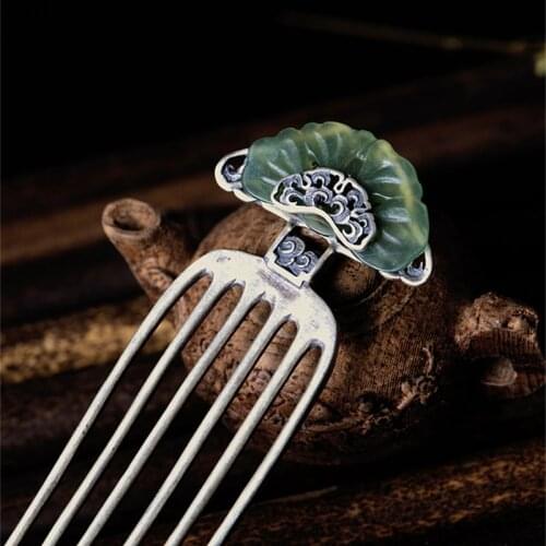 925 Sterling Silver Nephrite Jade Hair Fork Comb Accesories For Women Jewelry Hanfu Stick Hair Accessory Chinese Fan Vintage
