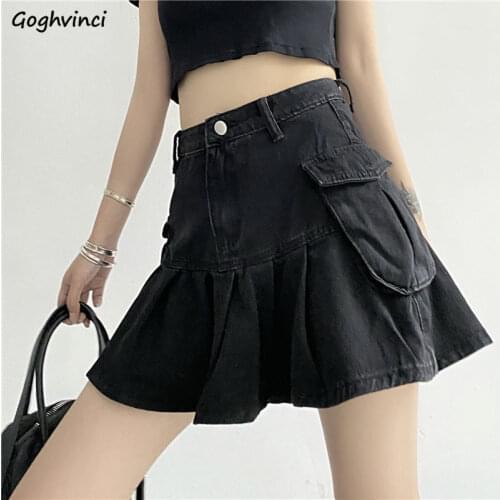 Plus Size S-4XL Skirts Women High Waist Black Denim Fashion Pocket Above Knee Korean Style Chic Leisure All-match Summer Simple