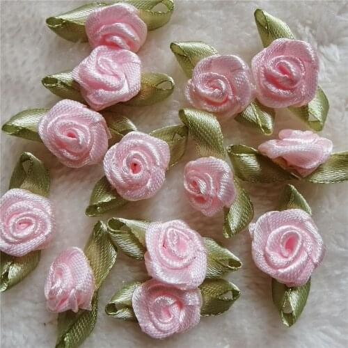 Pink Mini Satin Ribbon Rose Flower Silk Fabric Flower Appliques Handmade DIY For Wedding Decoration Craft Sewing Accessories
