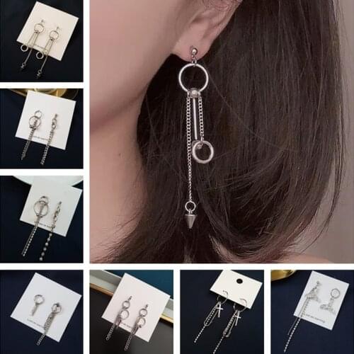 Simple Metal Tassels Chain Pin cross Pendant Earrings For Women Girls Geometric Asymmetry Personality Ear Circle Ear Jewelry