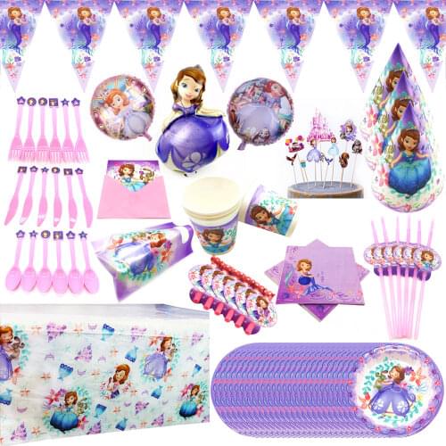 Cute Cartoon Sofia Princess Disposable Paper Cup Plates Napkins Banner Tablecloth Baby Shower Birthday Party Decoration Supplies