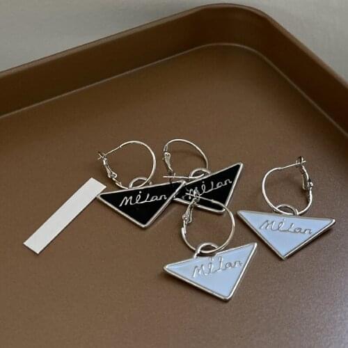 SRCOI Korean White Black Enamel Triangle Hoop Earrings Drop Women Engraved Letter Geometric Ear Buckle Earrings Party Accessory