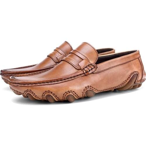 Dark Brown / Brown Summer Loafers Mens Casual Shoes Genuine Leather Out Door Moccasin Shoes Male Driver Shoes