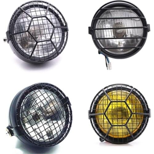 12V Universal Motorcycle Black Vintage Headlight Side Mount + Grill Cover For Harley Cafe Racer Old School Cruiser Bobber A